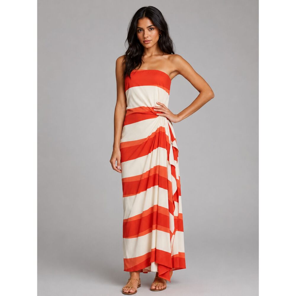 Alice + Olivia Silk Strapless Maxi Dress Orange White Stripe Draped Women's 4